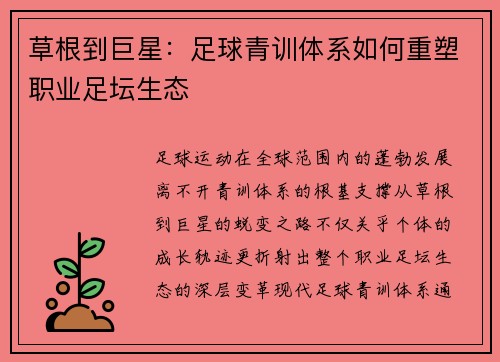 草根到巨星：足球青训体系如何重塑职业足坛生态