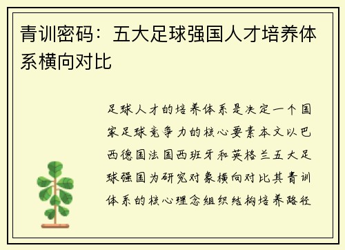 青训密码：五大足球强国人才培养体系横向对比