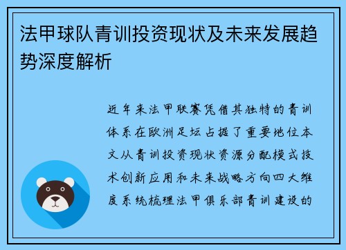 法甲球队青训投资现状及未来发展趋势深度解析